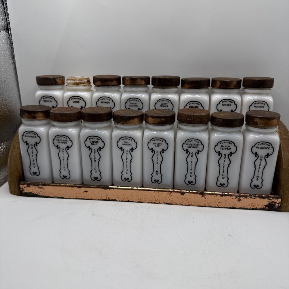 Griffith Milk Glass Black Spice Jar Set, 16 Jars w/ Metal Lids and Rack